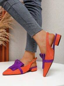 Women Faux Suedette Neon Orange Fringe Decor Flats, Funky Point Toe Slingback Flats - Orange - View 5