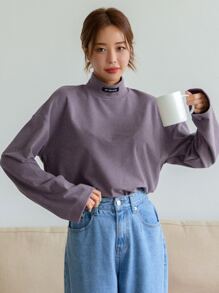 DAZY Áo thun nữ dài tay cổ bẻ có miếng vá vai trễ vai - Màu tím - Xem 4