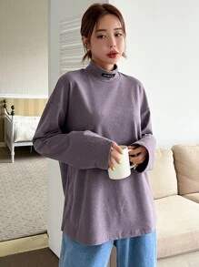 DAZY Áo thun nữ dài tay cổ bẻ có miếng vá vai trễ vai - Màu tím - Xem 5