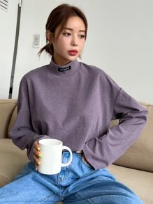 DAZY Áo thun nữ dài tay cổ bẻ có miếng vá vai trễ vai - Màu tím - Xem 6