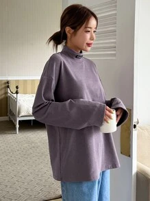 DAZY Áo thun nữ dài tay cổ bẻ có miếng vá vai trễ vai - Màu tím - Xem 7