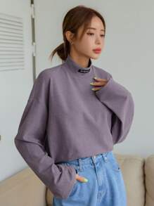 DAZY Áo thun nữ dài tay cổ bẻ có miếng vá vai trễ vai - Màu tím - Xem 8