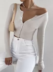 SHEIN EZwear Ribbed Knit Crop Cardigan,Long Sleeve Tops In Fall/Winter - Beige - View 5