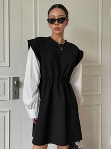 DAZY Váy Colorblock 2 trong 1, Váy nữ thường ngày, Quần áo mùa thu - Đen và trắng - Xem 1