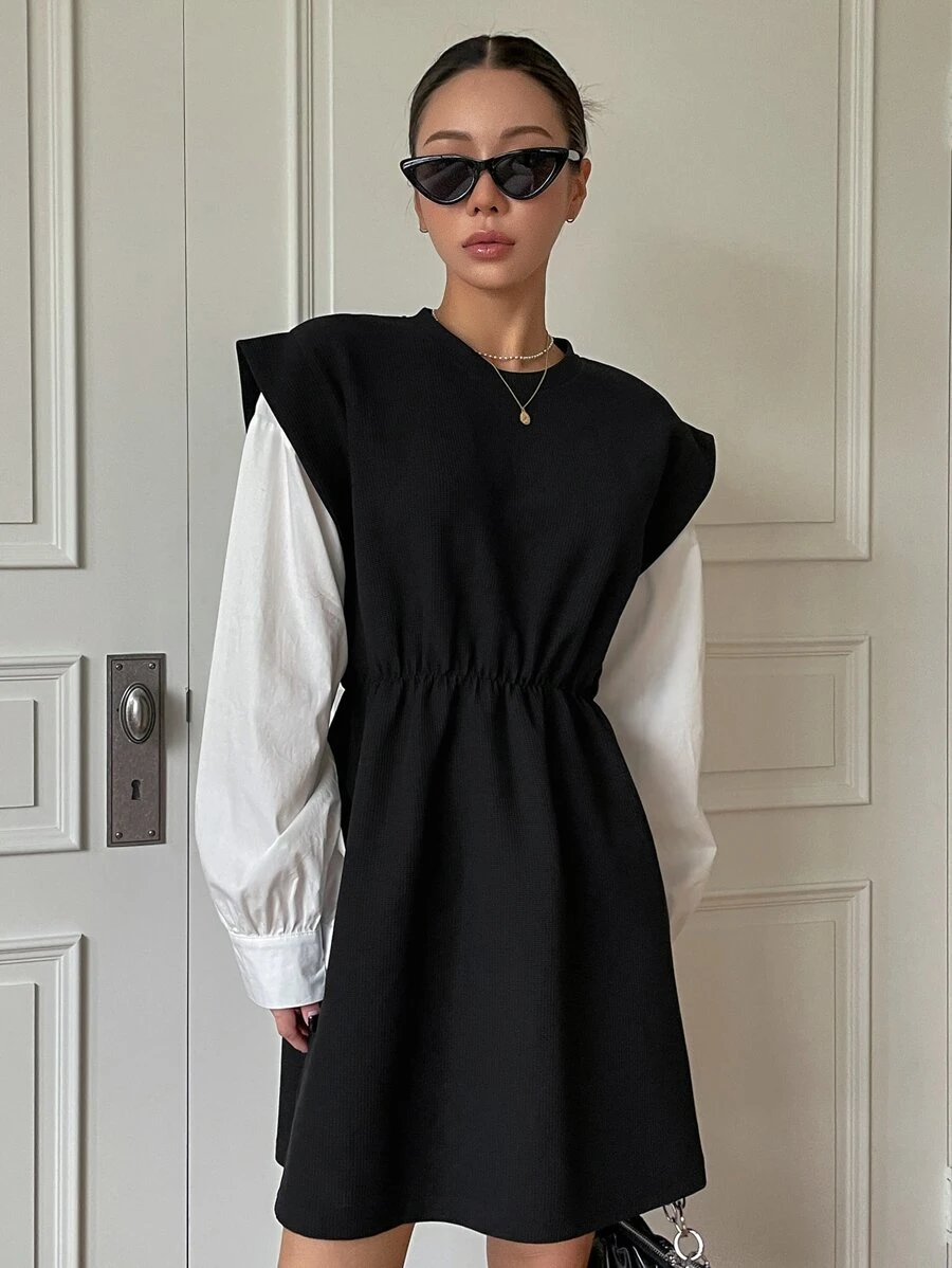 DAZY Váy Colorblock 2 trong 1, Váy nữ thường ngày, Quần áo mùa thu - Đen và trắng - Xem 1