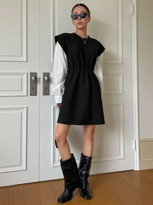 DAZY Váy Colorblock 2 trong 1, Váy nữ thường ngày, Quần áo mùa thu - Đen và trắng - Xem 3