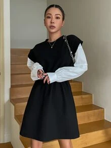 DAZY Váy Colorblock 2 trong 1, Váy nữ thường ngày, Quần áo mùa thu - Đen và trắng - Xem 4