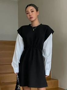 DAZY Váy Colorblock 2 trong 1, Váy nữ thường ngày, Quần áo mùa thu - Đen và trắng - Xem 5