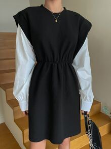 DAZY Váy Colorblock 2 trong 1, Váy nữ thường ngày, Quần áo mùa thu - Đen và trắng - Xem 6