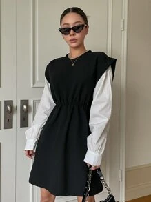 DAZY Váy Colorblock 2 trong 1, Váy nữ thường ngày, Quần áo mùa thu - Đen và trắng - Xem 7