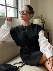 DAZY Váy Colorblock 2 trong 1, Váy nữ thường ngày, Quần áo mùa thu - Đen và trắng - Xem 8