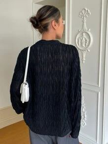 DAZY Solid Wrinkled Tee Long Sleeve Women Tops - Black - View 2