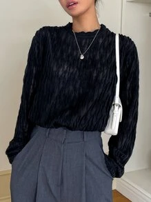 DAZY Solid Wrinkled Tee Long Sleeve Women Tops - Black - View 5