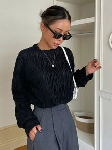 DAZY Solid Wrinkled Tee Long Sleeve Women Tops - Black - View 6