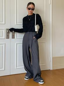 DAZY Solid Wrinkled Tee Long Sleeve Women Tops - Black - View 7