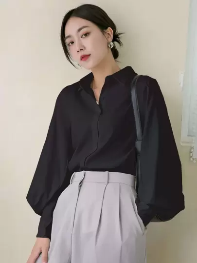 DAZY 女士休闲风格纯色宽松长袖翻领衬衫、长袖上衣、秋装