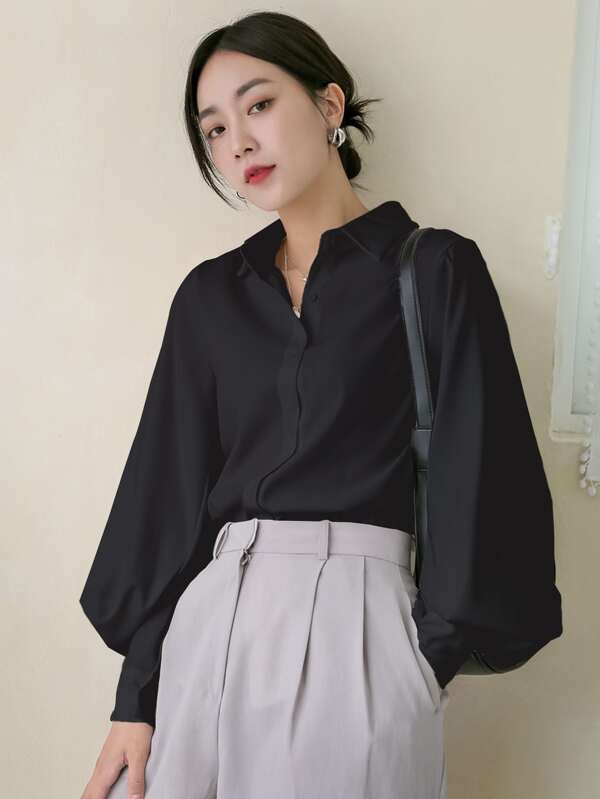 DAZY Casual Style Solid Color Loose Long Sleeve Lapel Blouse For Women,Long Sleeve Tops,Fall Clothes