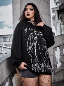 ROMWE PUNK Plus Slogan & Cat Print Drop Shoulder Sweatshirt - Black - View 3