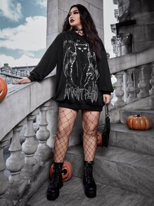 ROMWE PUNK Plus Slogan & Cat Print Drop Shoulder Sweatshirt - Black - View 5