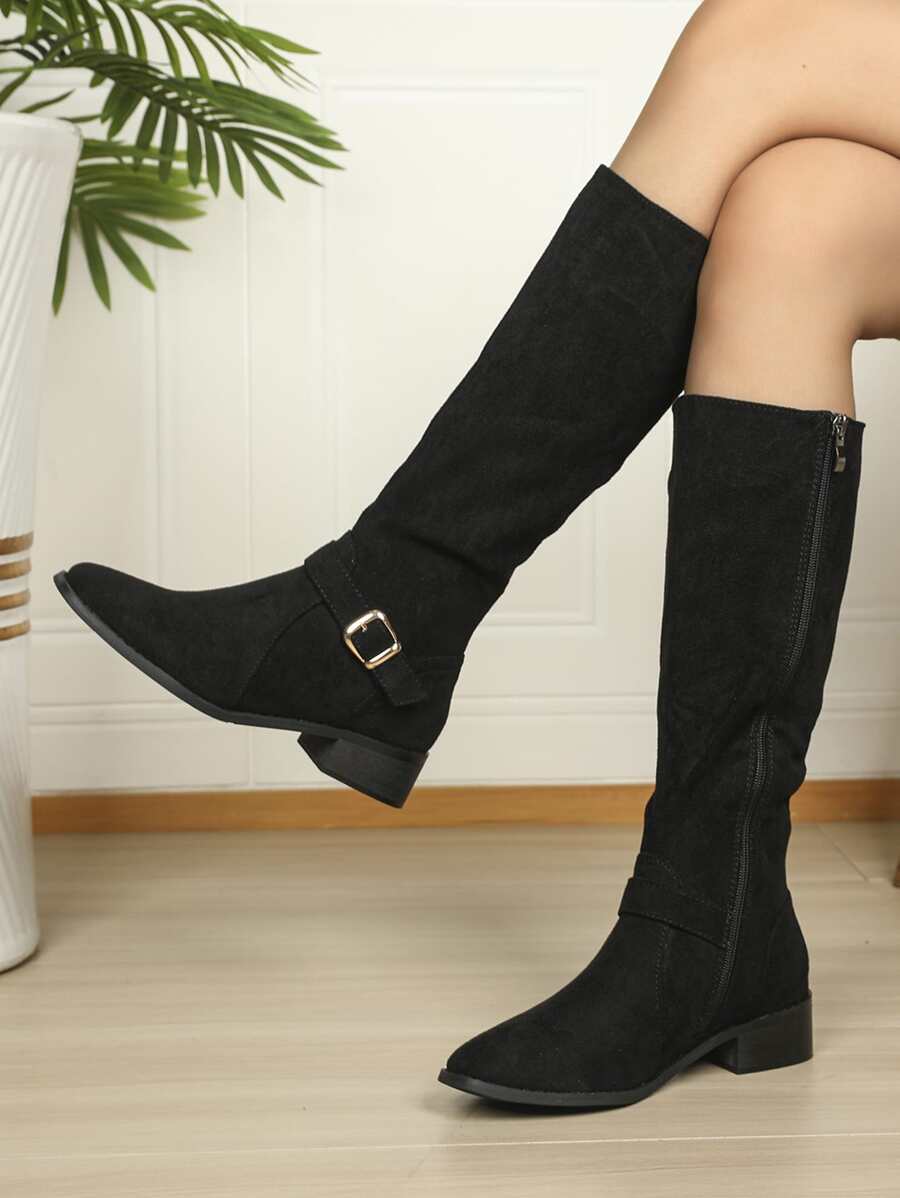Faux Suede Buckle Decor Zip Side Boots - Black - View 1