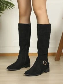 Faux Suede Buckle Decor Zip Side Boots - Black - View 4