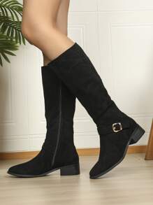 Faux Suede Buckle Decor Zip Side Boots - Black - View 5
