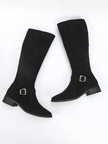 Faux Suede Buckle Decor Zip Side Boots - Black - View 6