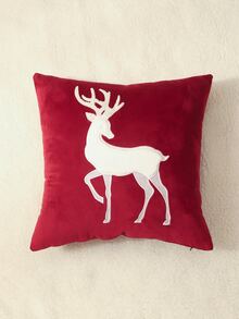 1pc Elk Embroidered Cushion Cover Without Filler - Red and White - View 5