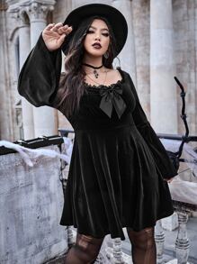 ROMWE PUNK Plus Bow Front Frill Trim Velvet Dress - Black - View 1