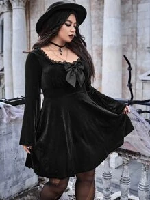 ROMWE PUNK Plus Bow Front Frill Trim Velvet Dress - Black - View 3