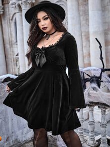 ROMWE PUNK Plus Bow Front Frill Trim Velvet Dress - Black - View 5