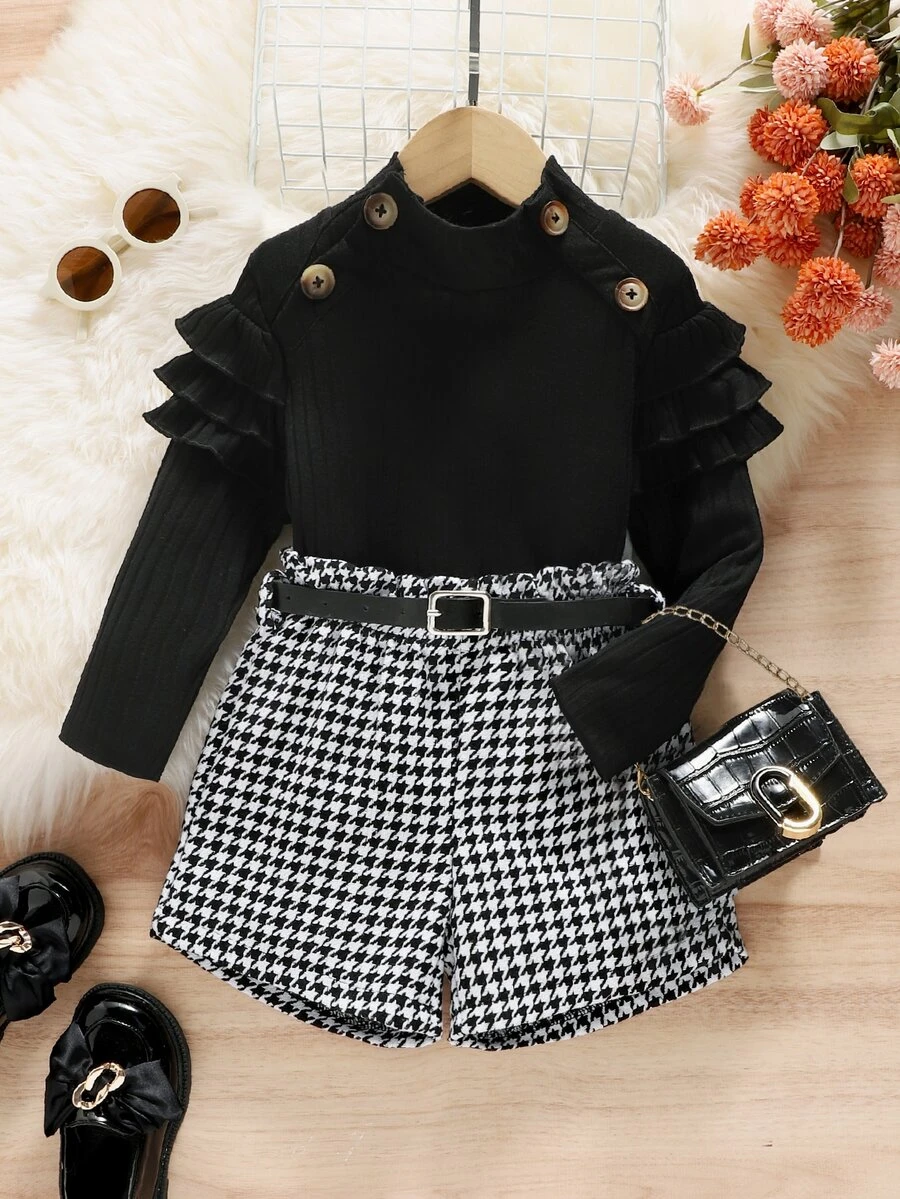Toddler Girls Ruffle Trim Mock Neck Tee & Houndstooth Print Belted Shorts - Black and White - View 1