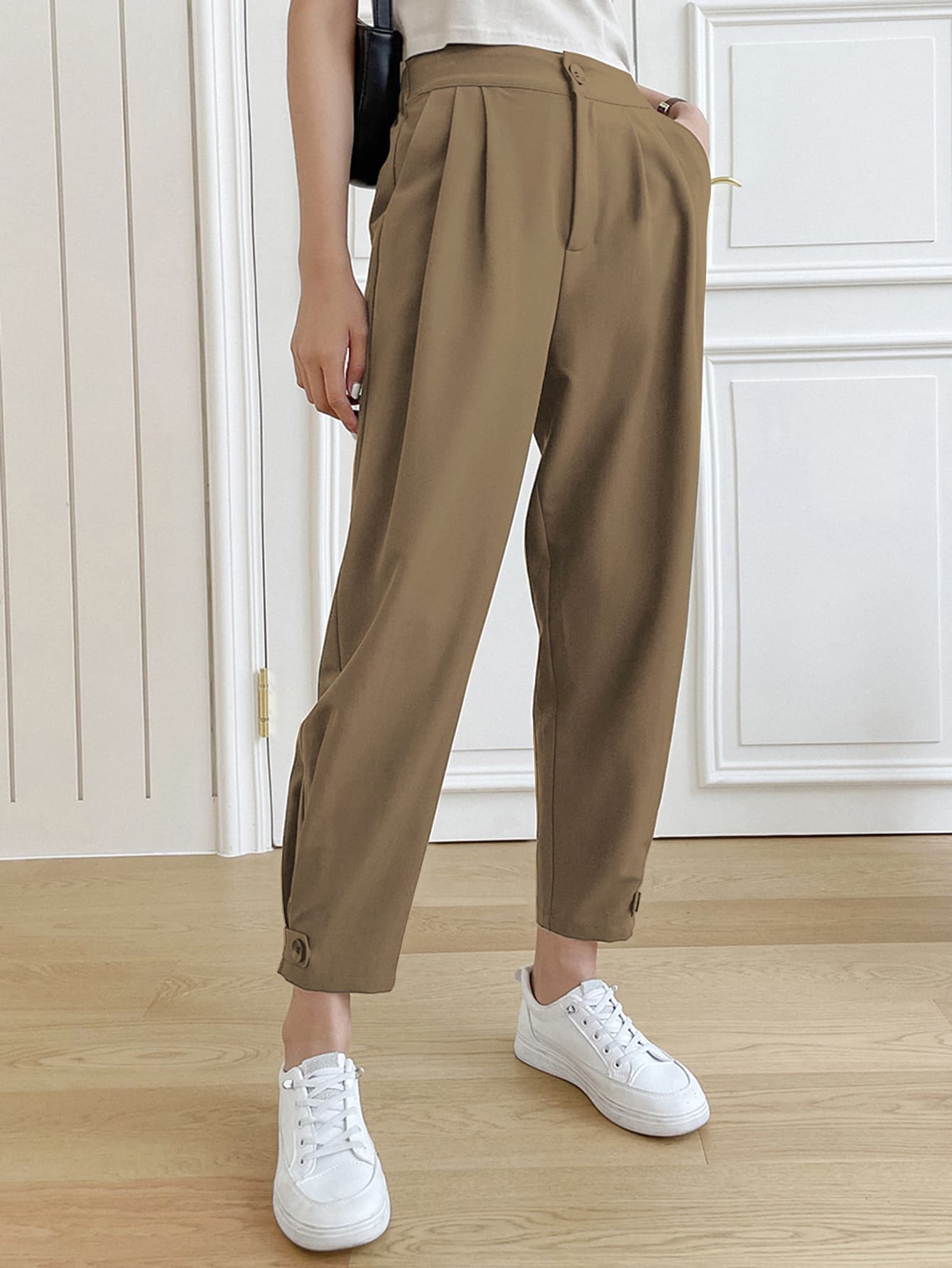 DAZY Solid Plicated Slant Pocket Cropped Trousers - Khaki - View 1