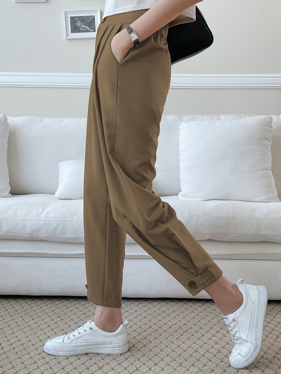 Women's Solid Color Pleated Pocket Casual Business Pants,Teacher Pants Women Dress Pants