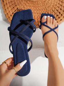 planare Women's Fashion Flat Criss-Cross Strap Sandals - Navy Blue - View 2