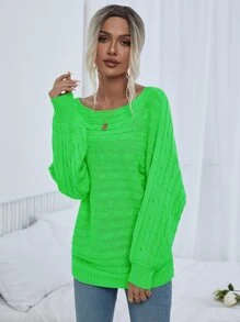 SHEIN LUNE Jersey de cuello barco tejido de cable - Verde Lima - Ver 4