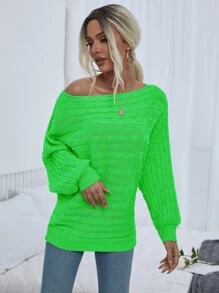 SHEIN LUNE Jersey de cuello barco tejido de cable - Verde Lima - Ver 5