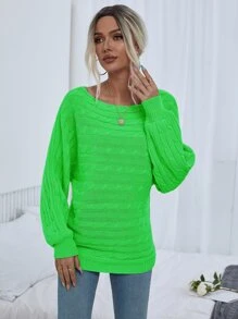 SHEIN LUNE Jersey de cuello barco tejido de cable - Verde Lima - Ver 6
