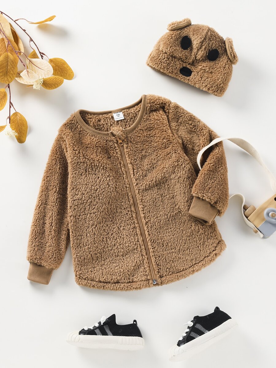 Toddler Boys Zip Up Teddy Coat - Coffee Brown - View 1