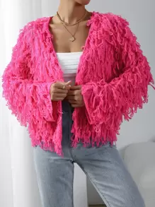 Allurite Cárdigan tipo bata de punto afelpado, top de manga larga