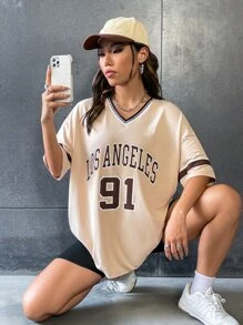 SHEIN Unity Áo thun họa tiết sọc chữ thả vai Áo thun họa tiết nữ - Màu be - Xem 5