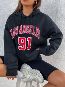 SHEIN Unity Letter Graphic Drop Shoulder Drawstring Hoodie - Black - View 1