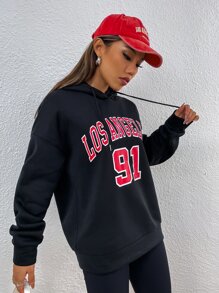 SHEIN Unity Letter Graphic Drop Shoulder Drawstring Hoodie - Black - View 3