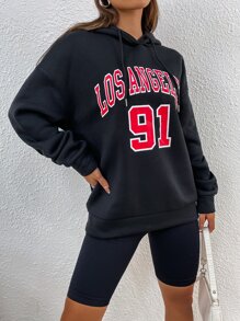 SHEIN Unity Letter Graphic Drop Shoulder Drawstring Hoodie - Black - View 4