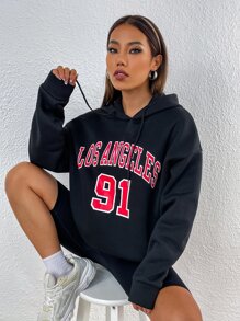 SHEIN Unity Letter Graphic Drop Shoulder Drawstring Hoodie - Black - View 5