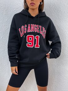 SHEIN Unity Letter Graphic Drop Shoulder Drawstring Hoodie - Black - View 6