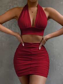 SHEIN Unity Tied Backless Halter Top And Bodycon Skirt - Burgundy - View 3