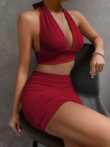 SHEIN Unity Tied Backless Halter Top And Bodycon Skirt - Burgundy - View 4