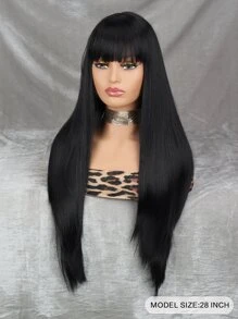 長黑色假髮帶劉海,女士直黑假髮,合成長直黑色劉海假髮,適用於日常穿戴 - 黑色 - 查看 2