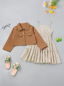 Toddler Girls Button Up Tie Hem Jacket & Ditsy Floral Print Ruffle Hem Cami Dress - Multicolor - View 1